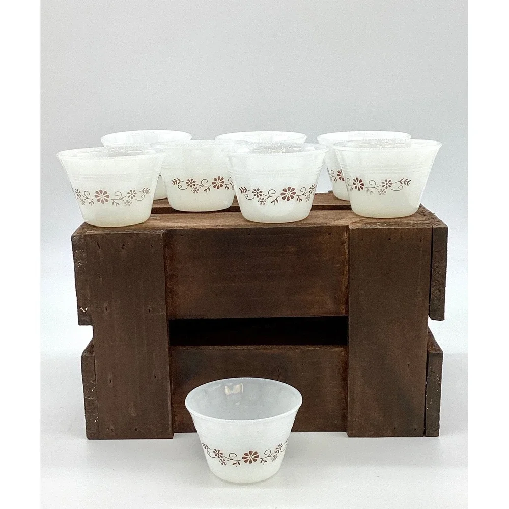 Vintage Milk Glass‎ Custard Bowls, Set of 8 Brown Daisy Dessert Dishes (M5-16)